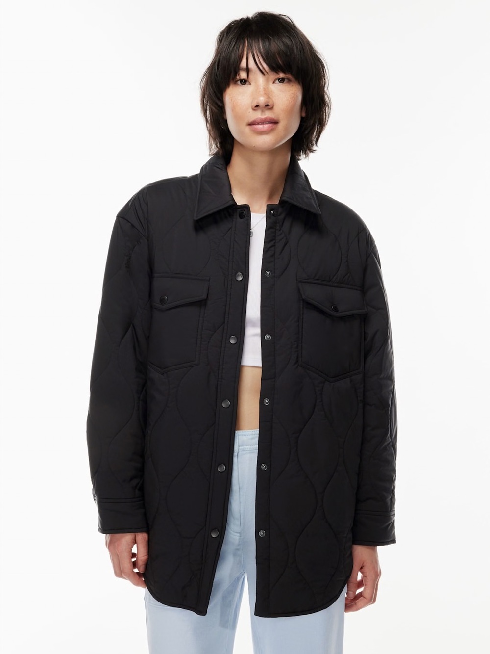 WILFRED // Ganna Black Quilted Button-Front Shirt Jacket